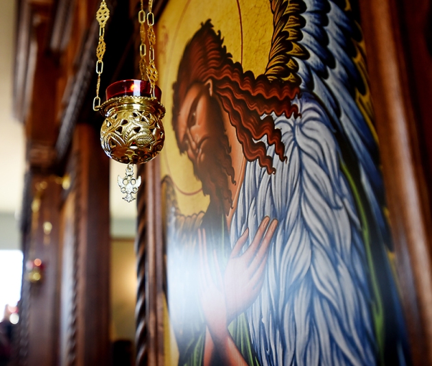 A detail of one of the icons in the newly constructed iconostasis. This large wooden screen was built by Joshua Hicks of Polson and incorporates some distinctively American features. (Brenda Ahearn/Daily Inter Lake)